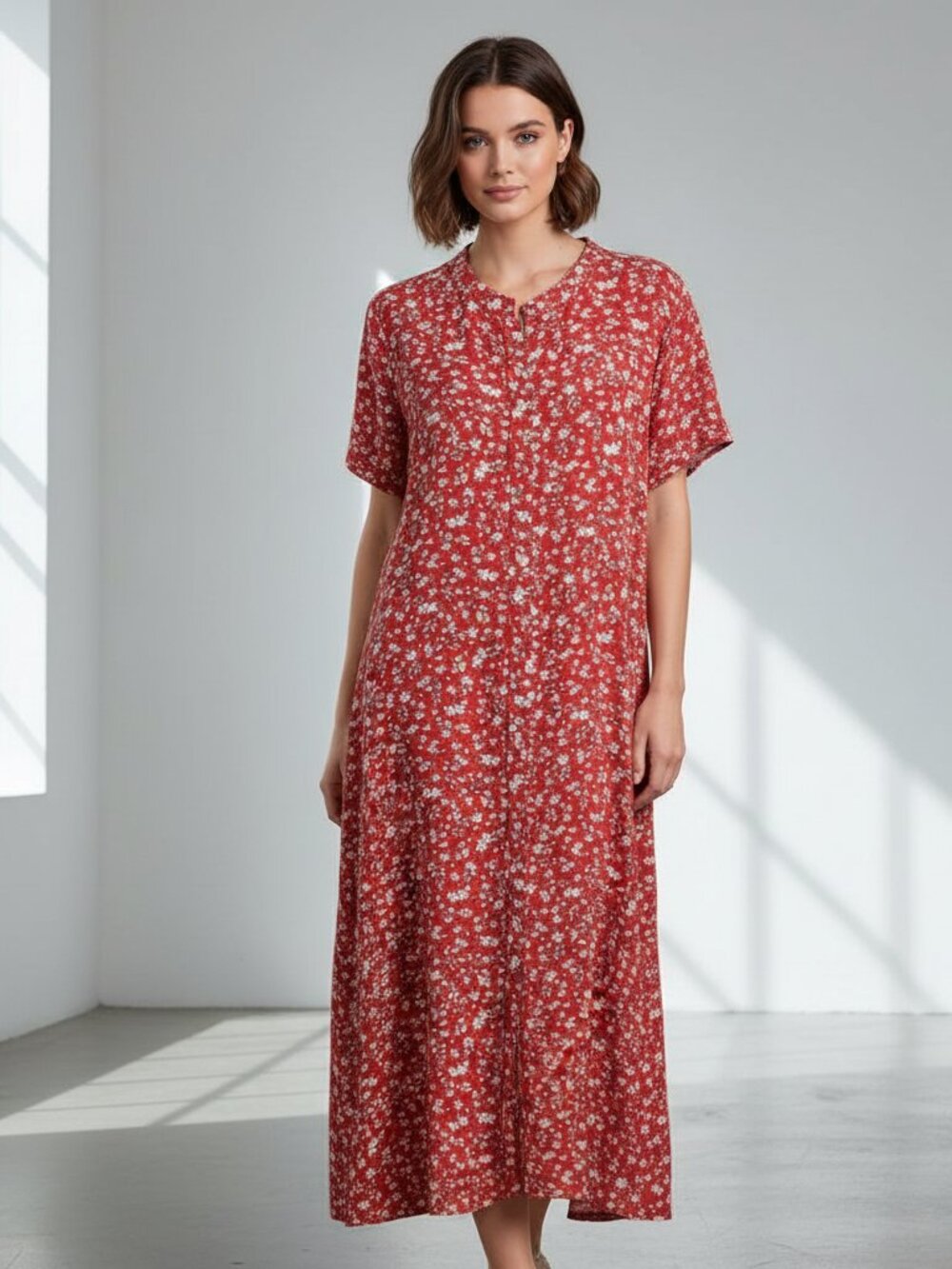 LOFT Dress Button Front 14 Red Floral Print Short Sleeve Bin 6